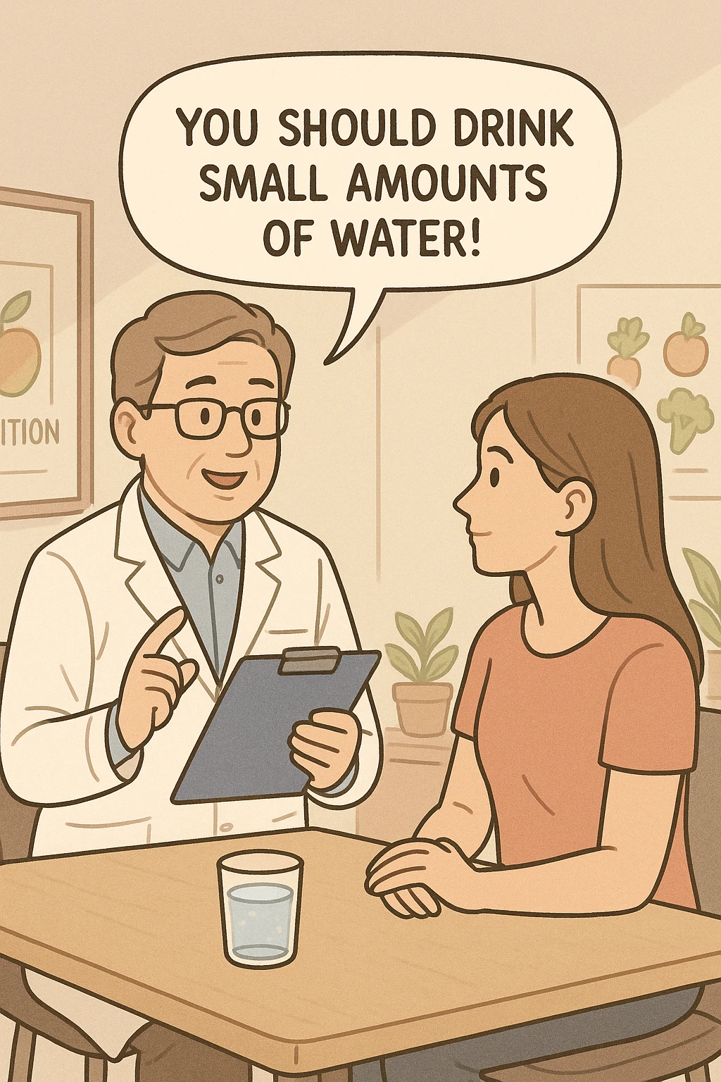 Nutrizionista dice ad una donna "devi bere piccole quantità d'acqua!" emoji