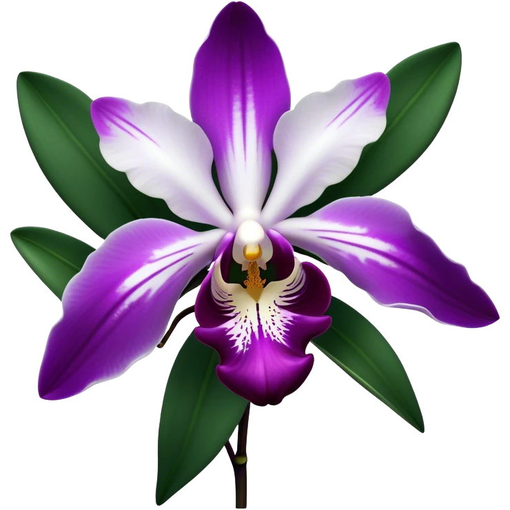 Cinematic Realistic Orchid Emoji, Exotic and elegant, with intricate, velvety petals in deep purple and white, forming a delicate and symmetrical blossom. The slender green stem holds the flower high, while surrounding leaves add lush contrast. Soft glowing outline, capturing the essence of rare beauty and sophistication in a captivating orchid. emoji