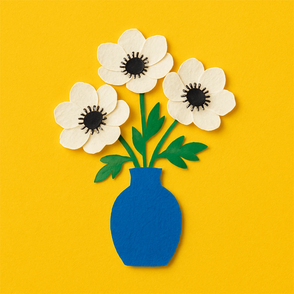 bouquet of white and black anemone flowers in a blue ceramic vase, yellow background emoji
