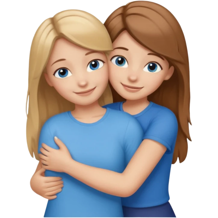 two Girls, Brown and Blonde hair, with Blue Eyes hugging one has Brown hair cute Hug  emoji