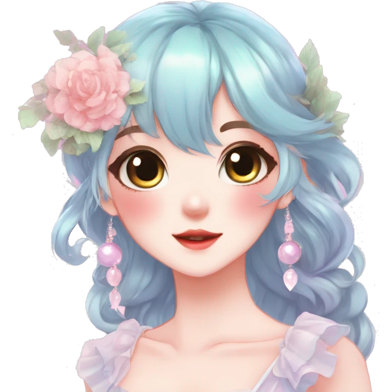 Gorgeous anime style lady with blushing face and accessories cottagecore fairycore Kawaii anime colorful pearly romantic aesthetic trending style emoji