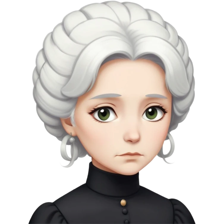 A Victorian woman with simple yet elegant coiffed white hair and light eyes wearing a modest unadorned monochrome black turtleneck mourning dress with puff sleeves looking down with a forlorn expression emoji