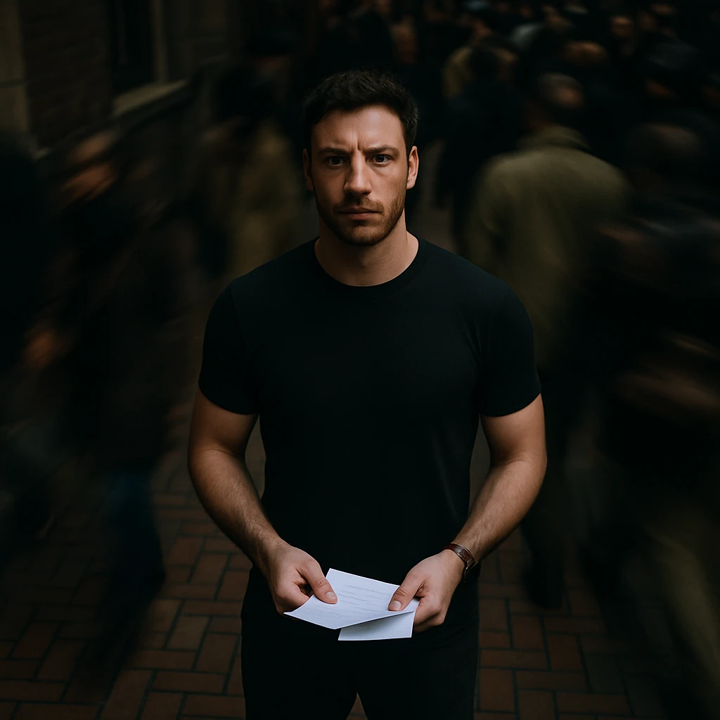Cinematic overhead shot, person from reference, no headphones, black shirt, fit and athletic, standing still on a brick city sidewalk, motion-blurred crowd, moody lighting, 35mm film look, shallow depth of field, sharp focus. Urban. Render in a style suitable for cinematic photography with moody lighting and shallow depth of field. emoji