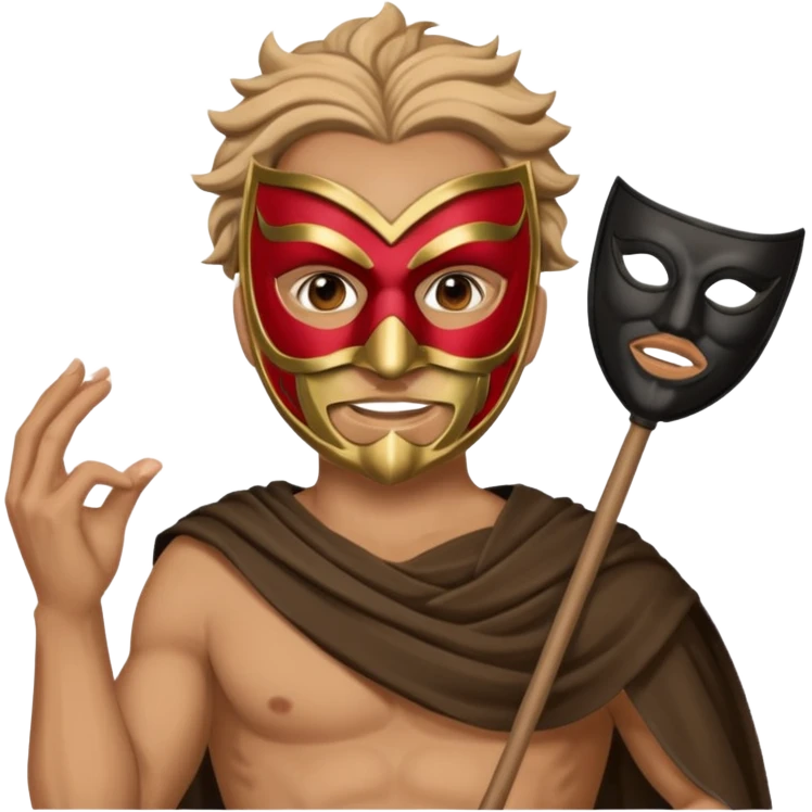 Greek thespian in full costume with a mask holding a prop emoji