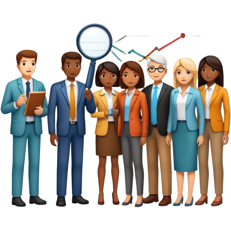 An icon featuring a group of diverse people, interconnected by lines, symbolizing sociology. The design includes a magnifying glass and a bar chart, representing the study of societies and social structures. Transparent background highlights the analysis of human behavior and social dynamics. emoji