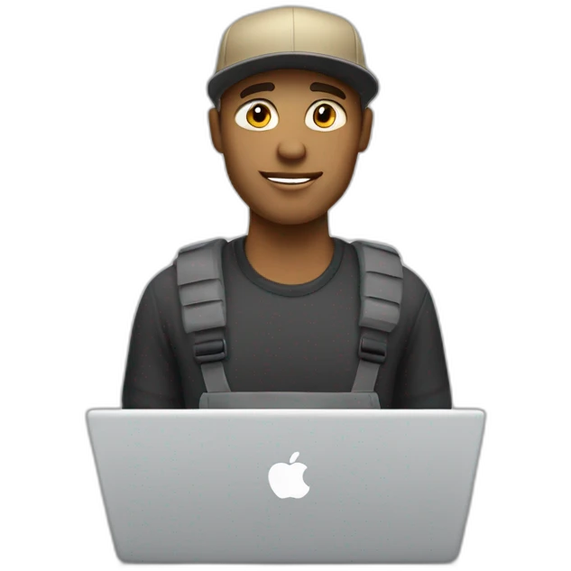 dark blonde guy wearing a cap with a mac book pro emoji