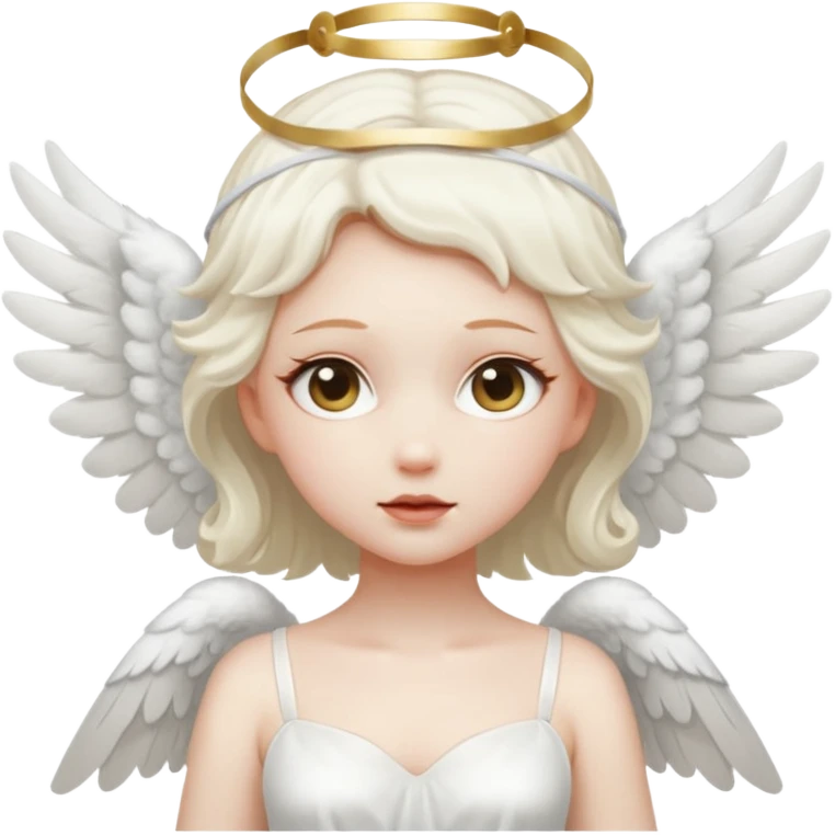 angel with white blindfolds, white dress, pale skin and  two large wings emoji