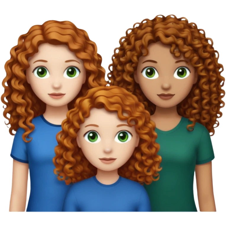 Make me 3 girls. One with medium size curly ginger hair, white skin and green eyes,  one with long curly dark brown hair with a little just a little darker skin and brown eyes,  and one with white skin and straight dark blonde hair and blue eyes  emoji