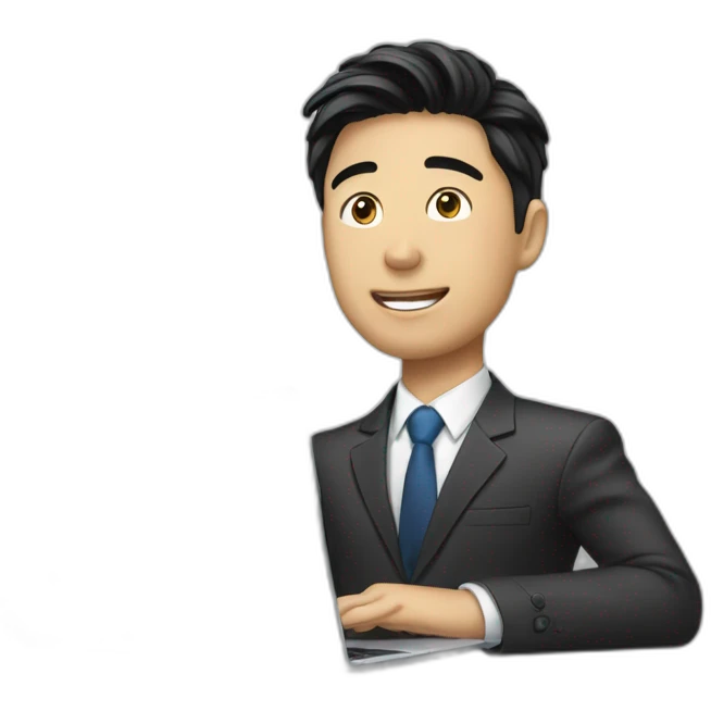 Male investment manager in professional clothes, black hair, asian, with a laptop emoji