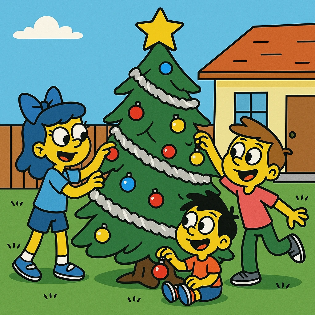 The children covered the tree in tinsel and ornaments. emoji