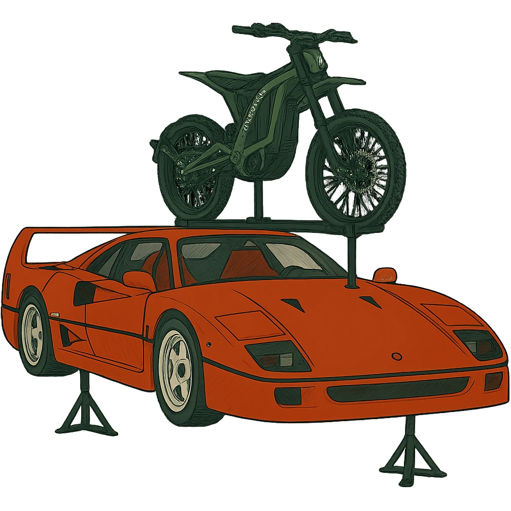 Replace the two bikes with one Sur-Ron electric bike with a green frame, mounted on the roof rack of the stylized Ferrari F40. Keep the background transparent. emoji
