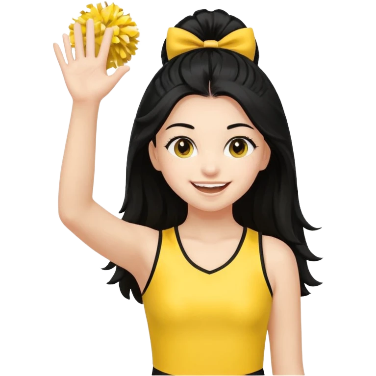 A long black hair teen girl waving pom-poms, eyes sparkling with excitement, yellow cheer leader top emoji