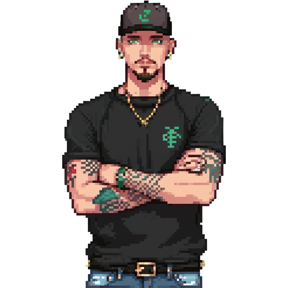 a man with a shaved head, goatee, pierced ear, and green eyes, wearing a black baseball cap backwards, black shirt, jeans, and tattoos on one arm, pixel art style, arms crossed emoji