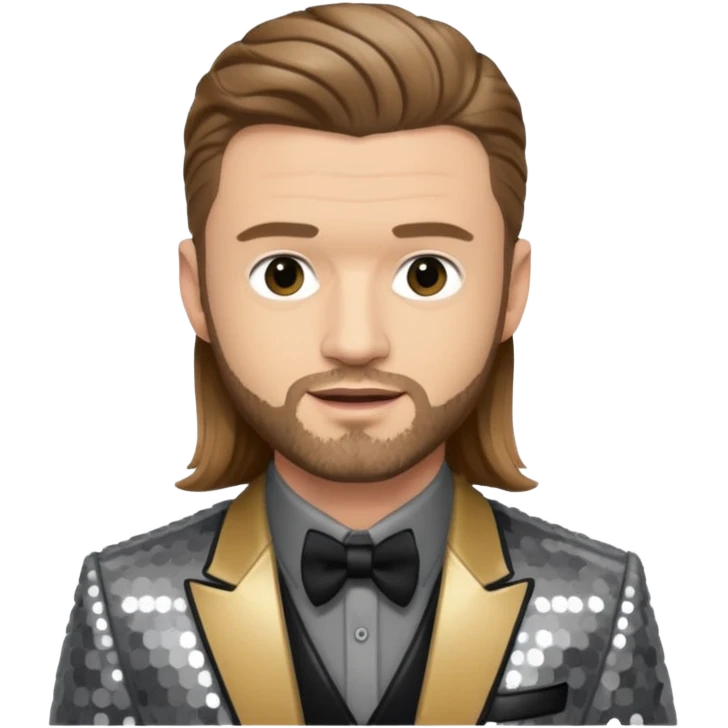 Justin Timberlake with long light brown hair, grey sequin tour outfit  emoji