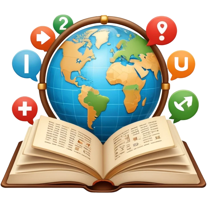An icon featuring an open book with speech bubbles showing different alphabets—Latin, Cyrillic, Kanji. A globe and translation arrows symbolize global communication and language learning. Transparent background highlights cultural exchange and linguistic diversity. emoji