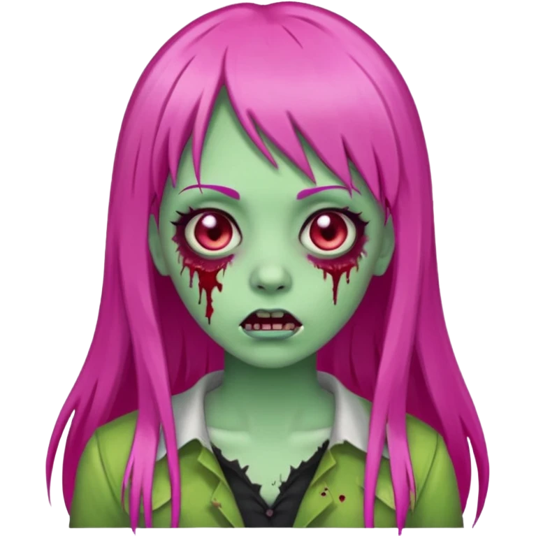 Create a female zombie emoji with long, straight hair in hot pink and bangs. emoji