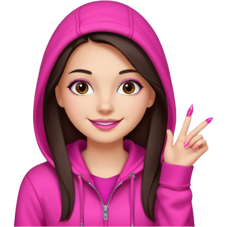 generate a pretty fair bratz girl with dark brown eyes, dark brown hair straight long. Wearing a hot pink zipper hoodie, pink lipgloss emoji