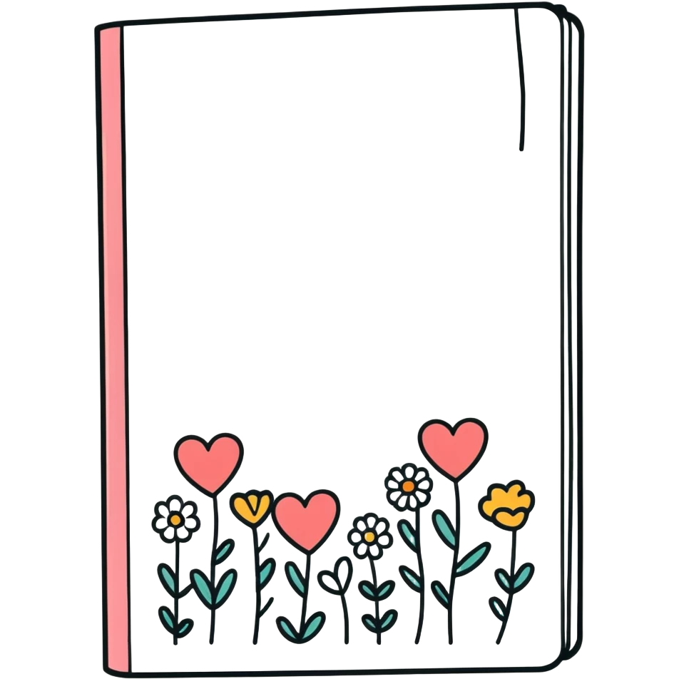 A closed journal book with Doodles of hearts and flowers drawn on the front cover, Digital watercolor illustration, isolated die cut sticker. 8k emoji