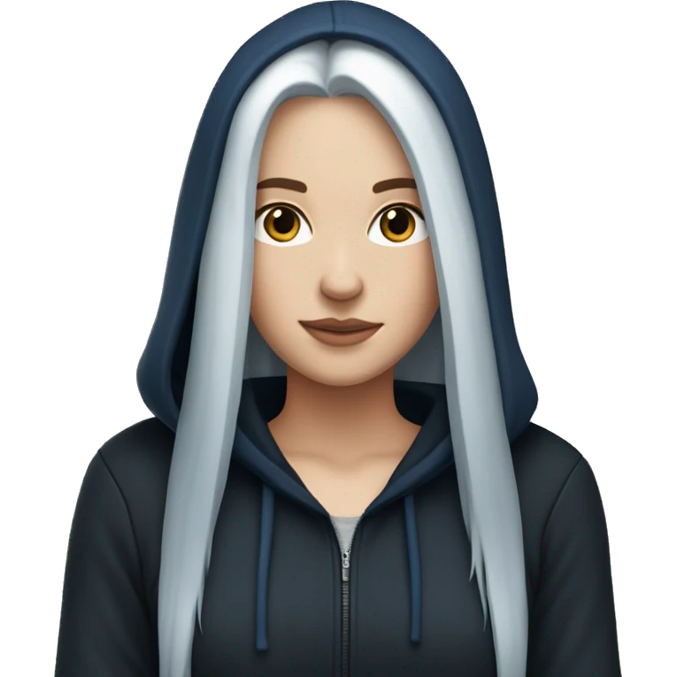 white girl with long straight dark blue hair wearing black hoodie emoji