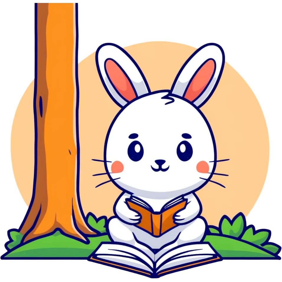 rabbit writing in a journal under a tree, pastel green and beige emoji