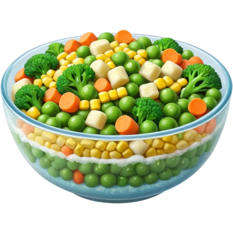 A close-up of a bowl filled with frozen mixed vegetables — peas, carrots, corn, and broccoli — covered with a light layer of frost. The colors are bright but slightly muted from freezing. Natural lighting, high-detail macro food photo. emoji
