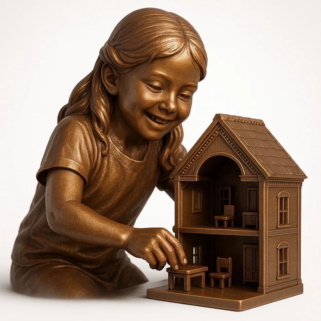 smiling girl arranging furniture in doll house emoji