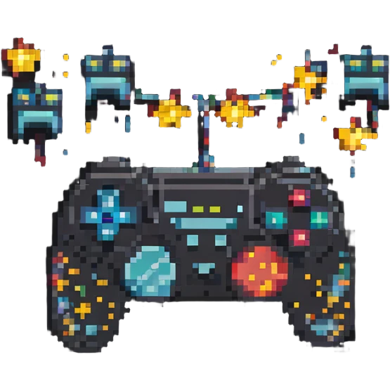 pixel art style banner with a retro game controller and stars emoji