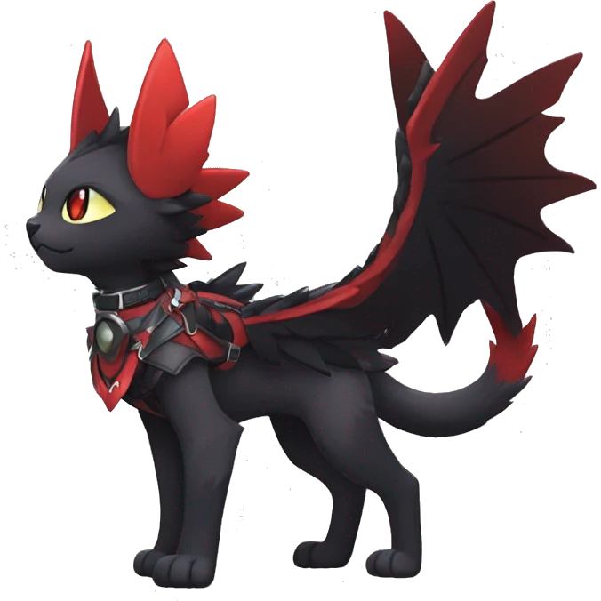 Kawaii cool edgy beautiful black red ethereal fantasy nargacuga-noivern-cat-Fakemon collar harness full body emoji