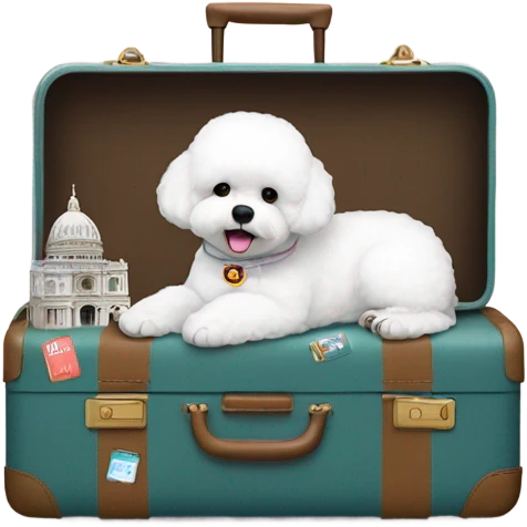 A world traveler, Bichon Frise, with a suitcase filled with iconic places stickers on the suitcase  emoji