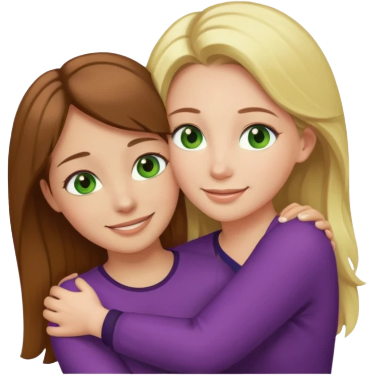Maman avec les cheveux marrons les yeux marrons et la peau blanche, la fille avec les cheveux blond les yeux verts et la peau blanche, qui se font un câlin  emoji