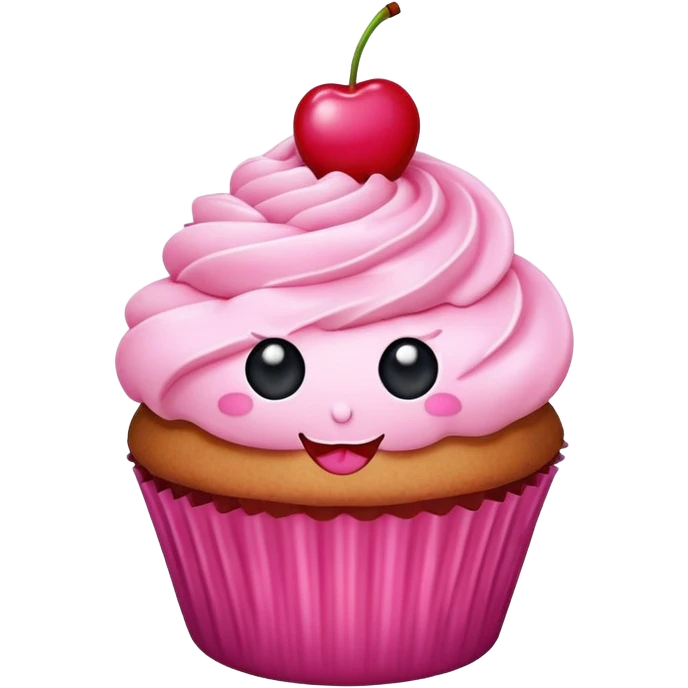 cupcake with pink icing, cute face, cherry on top emoji