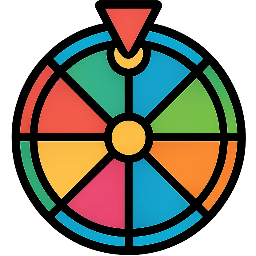 Fortune wheel with sections in different colors, with a spinner arrow on top emoji