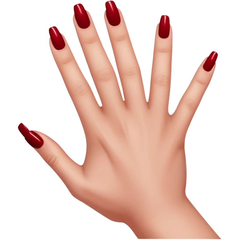 left hand of a woman with all five fingers painted in dark red nail polish, glossy finish, deep saturated red, smooth gradient, minimal details, clean and shiny
 emoji