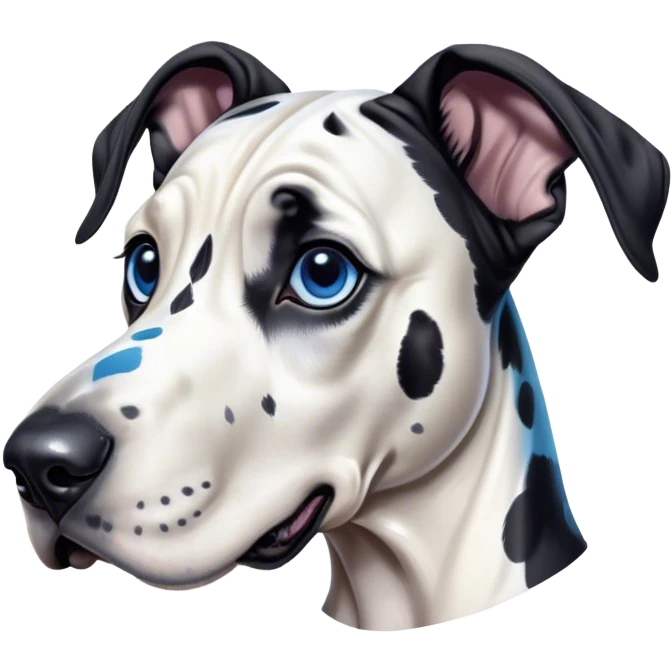 Cinematic Cute Harlequin Great Dane Portrait Emoji, Head tilted playfully and inquisitively, featuring a glossy coat of predominantly white with dynamic black patches, round, sparkling blue eyes filled with gentle curiosity, Simplified yet irresistibly adorable features, highly detailed, glowing with a warm, friendly glow, high shine, affectionate and gentle, stylized with a touch of whimsy, bright and endearing, soft glowing outline, capturing the essence of a mischievous yet loving pup, so playful it feels like it could lumber out of the screen and into your arms! emoji