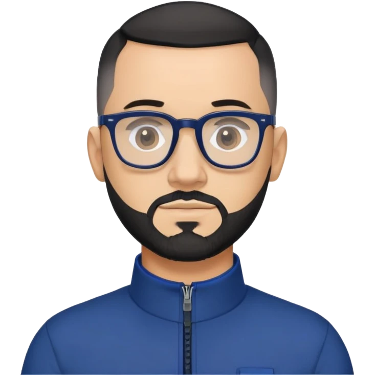 Light-skinned 40-year-old male with buzzcut black hair, gray short beard, black-framed glasses, navy blue zip-collar sports long sleeve shirt emoji