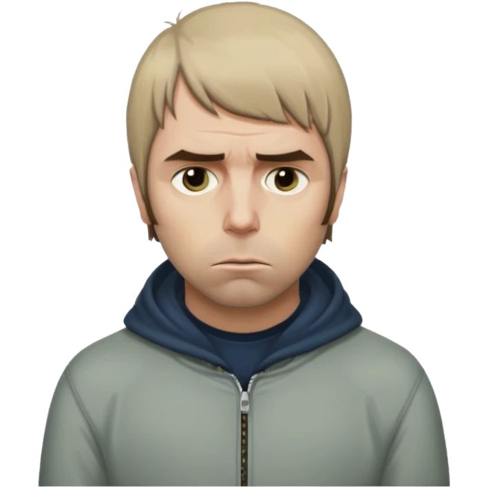 Liam Gallagher sitting alone, looking down, sad mood, emoji style emoji