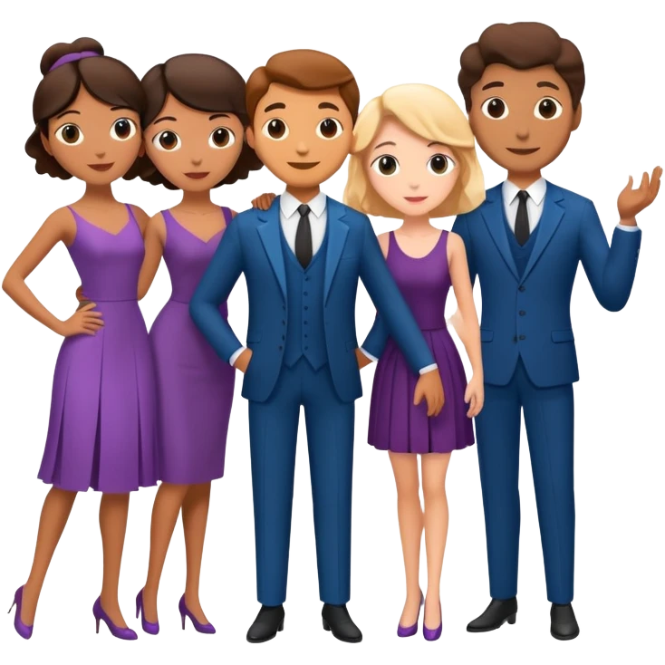 A theater set containing three couples, a suit and dress pair, a philosophy professor and dance teacher, and a young French couple, bufo model emoji