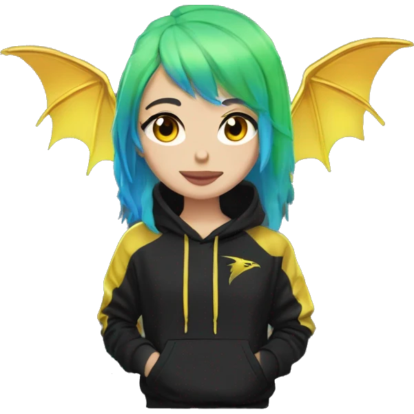 Lady with brunette and iridescent blue hair, gold, lime green dragon wings, black hoodie, bleach dyed, black and gold Nike t shirt, and bright red eyes emoji