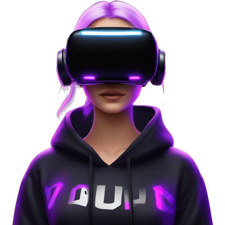 Russian girl wearing black hoody with violet letters "OMG", in vr headset oculus quest2. Standing like jedi. Cyberpunk style. Violet neon. emoji