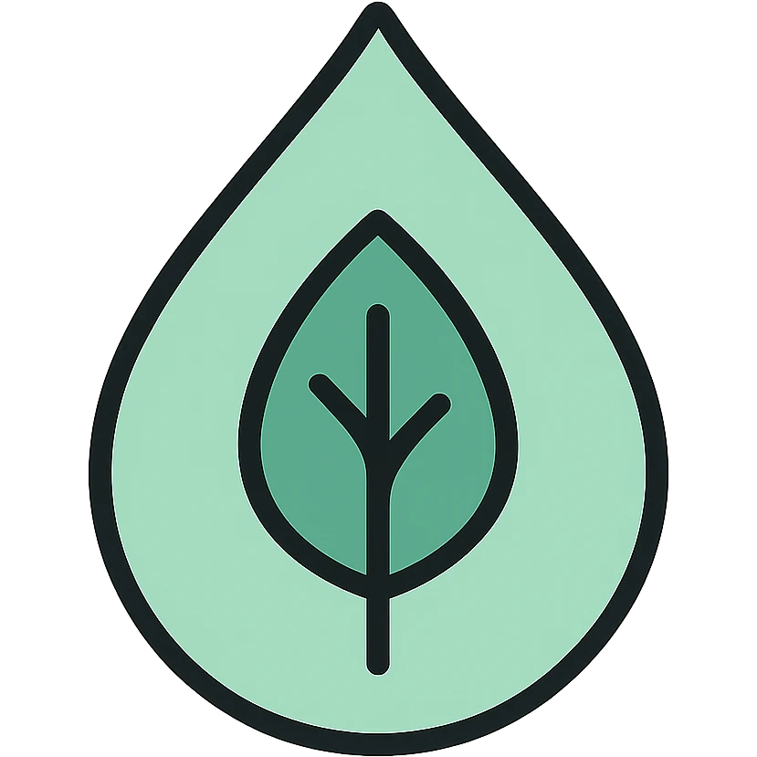 Skeuomorphic water conservation icon with mint green #B5F4D3 and black #111111 color scheme, showing a water droplet with leaf inside, clean symmetric design with subtle depth and soft light emoji