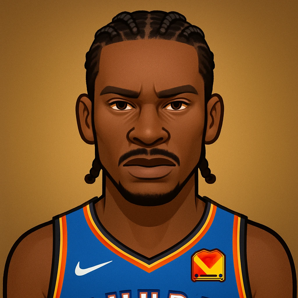 Make the Shai Gilgeous-Alexander emoji look more mature and confident, emphasizing his signature braids, serious expression, and strong presence. Keep the Oklahoma City Thunder jersey and add a cool, confident aura. The style should maintain the original emoji look but with these enhancements. emoji