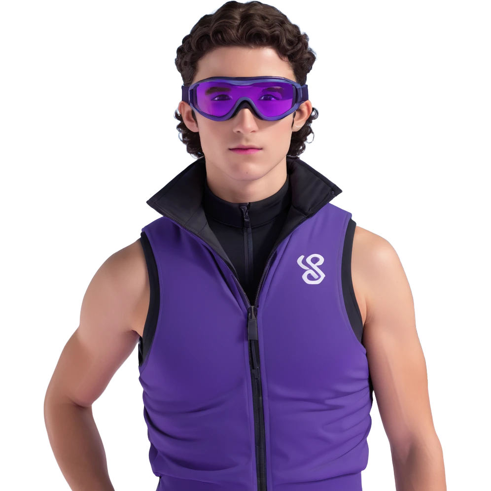 close-up of male athlete with white skin and moderately curly dark brown hair on top with shaved sides, wearing ski goggles with purple frames and very dark black lenses, a simple plain black chain necklace, and a completely unzipped sleeveless vest with purple and black sequin fire pattern design with no logo, with an arrogant smug smirk on his face, looking confident and cocky emoji