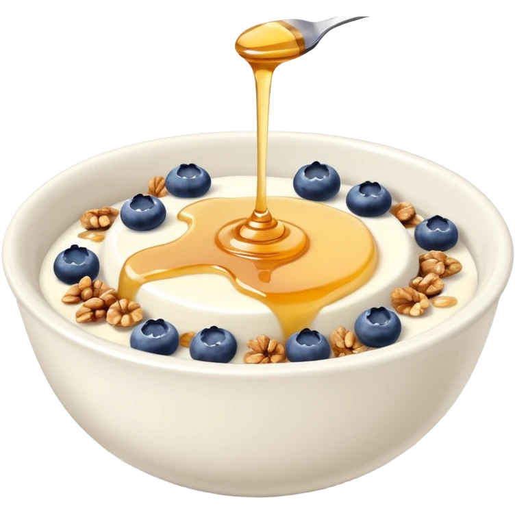 Yogurt in a bowl with granola and blueberries topped with honey drizzle emoji