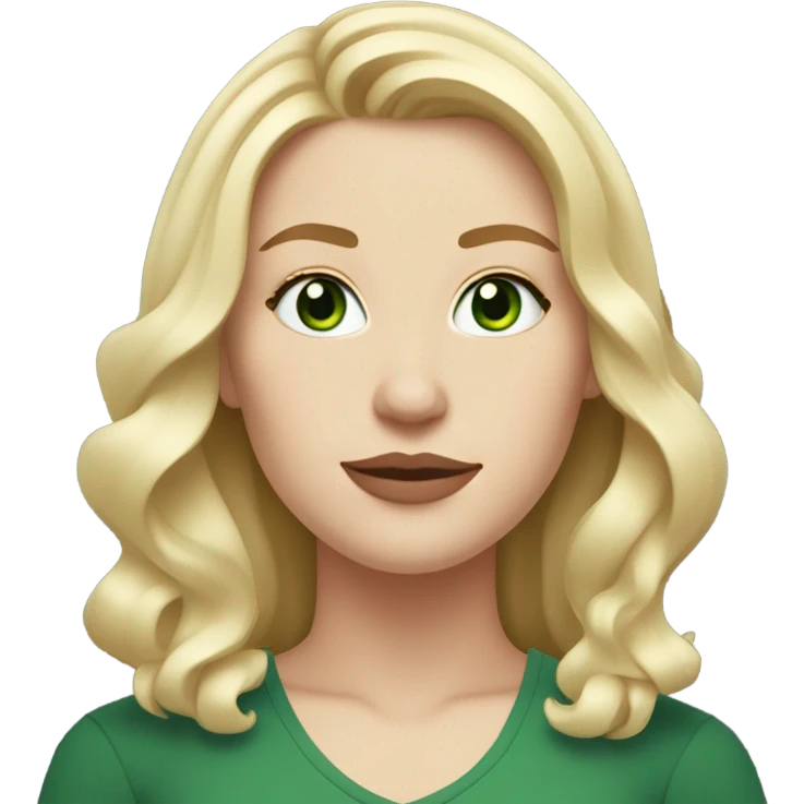 A strong white woman with bright green eyes, asymmetrical, wavy blonde hair, medium length, soft pink lips with a mole underneath her chin ￼ emoji