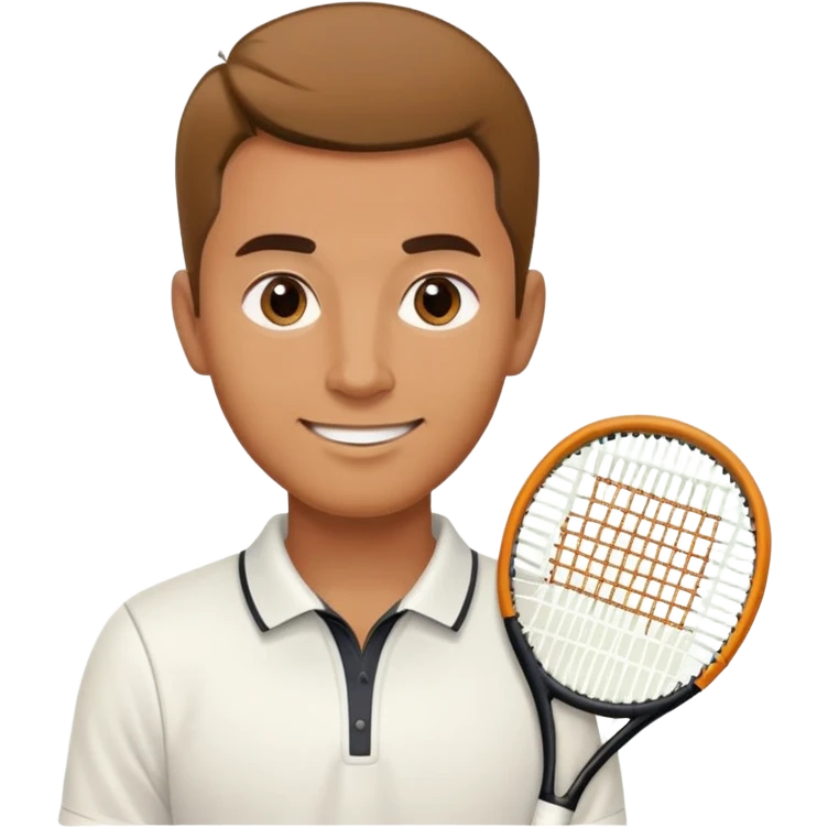 caramel brown Chindian male tennis coach, short straight hair with widow's peak, oval face, small eyes, smiling emoji