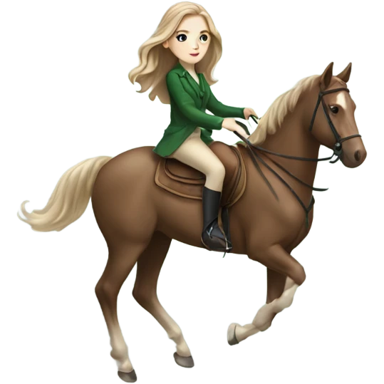Girl high end clothes green eyes riding a horse pale skin brown hair emoji