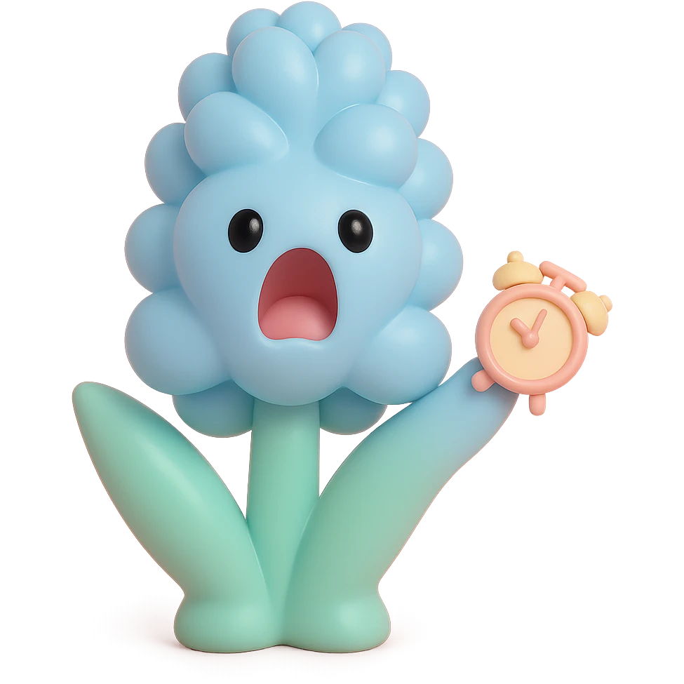 pastel blue hyacinth flower with alarmed eyes and a screaming mouth, waving a tiny alarm clock, fluffy and round, vinyl figure style emoji