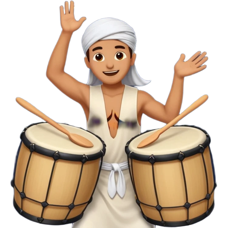person enthusiastically beating a drum for sahur, joyful expression, night sky background, festive Ramadan vibe emoji