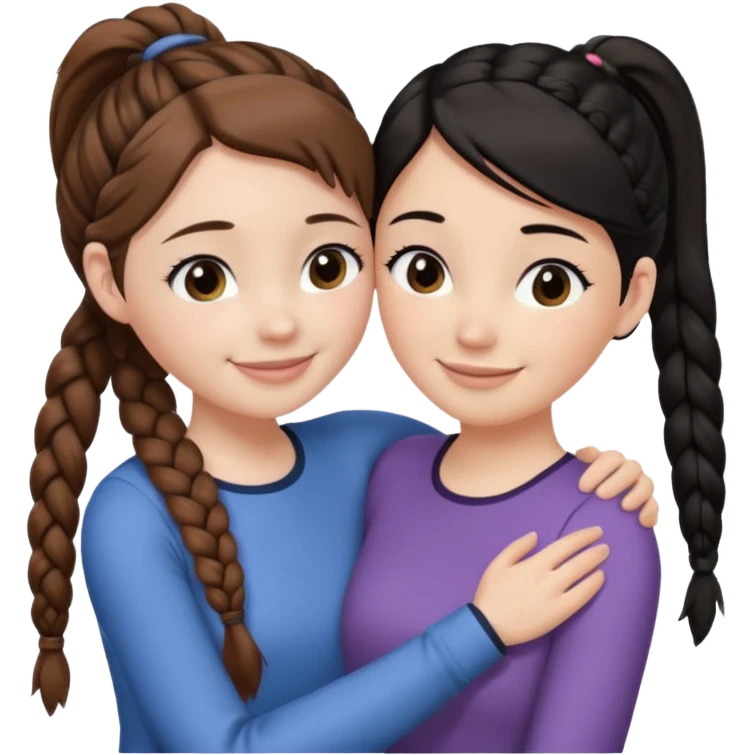 Comforting Hug two white skin women, one shorter woman with brown hair in simple top ponytail, not braided, and one taller woman with black hair in long side braid emoji