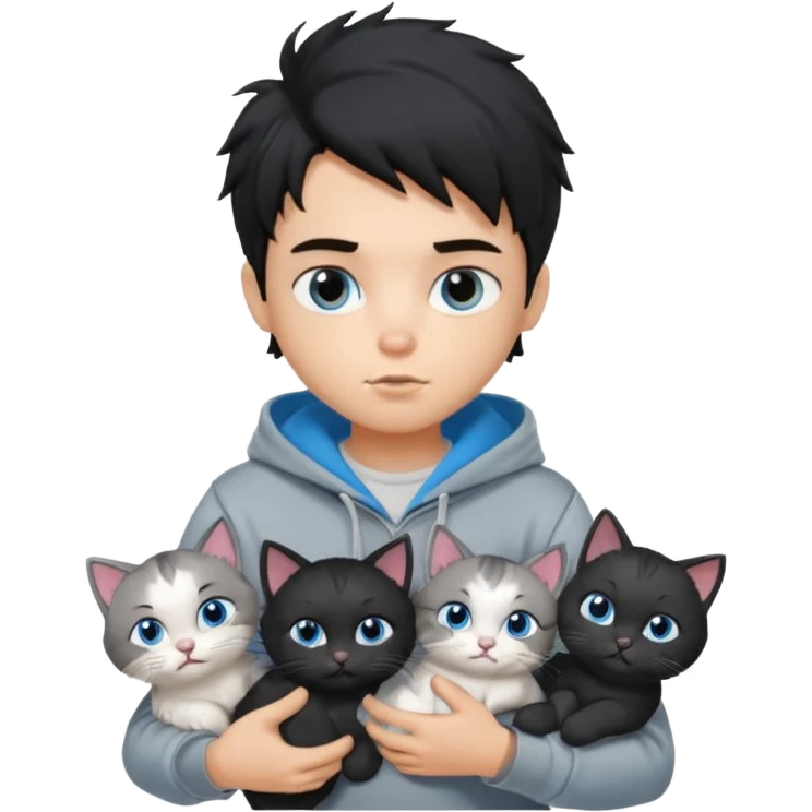 generate a pretty fair bratz boy with black messy hair holding 3 cats.  Wearing a grey hoodie emoji